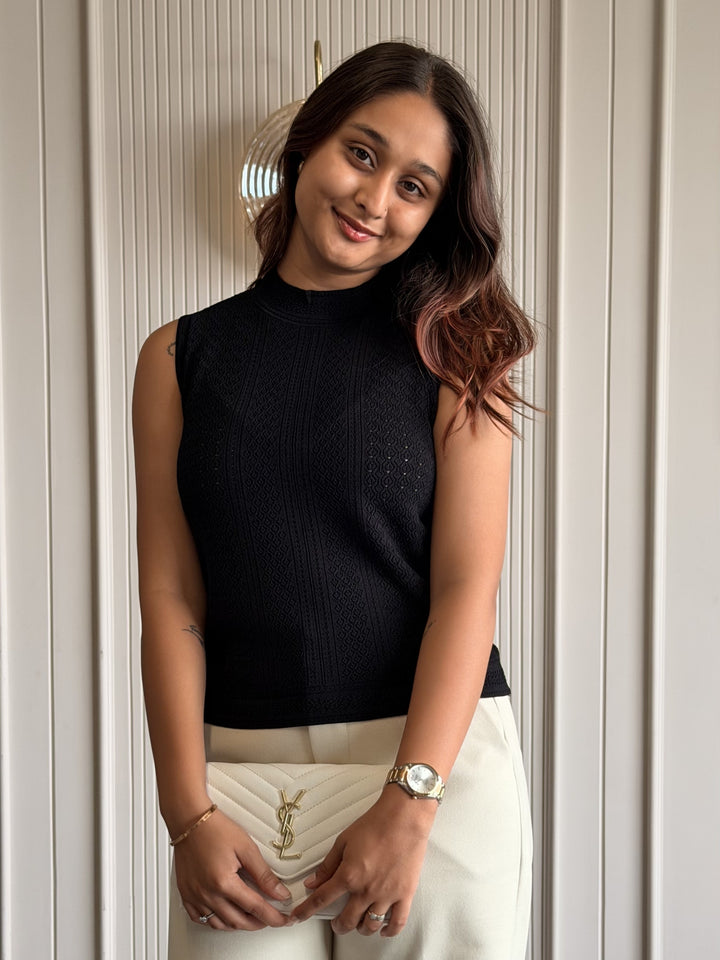 Textured High Neck Sleeveless Top