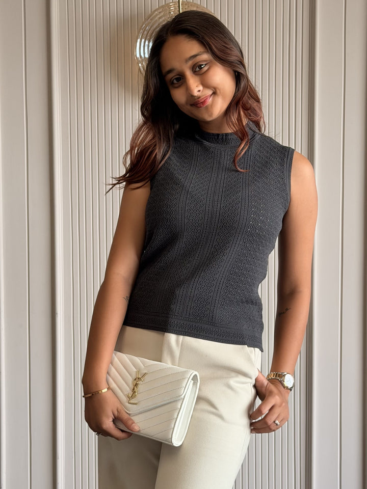 Textured High Neck Sleeveless Top