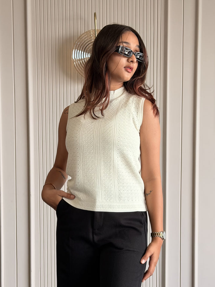 Textured High Neck Sleeveless Top