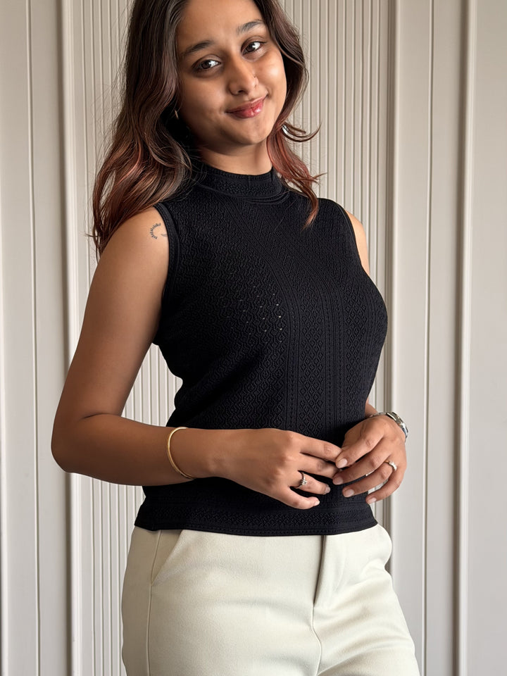 Textured High Neck Sleeveless Top