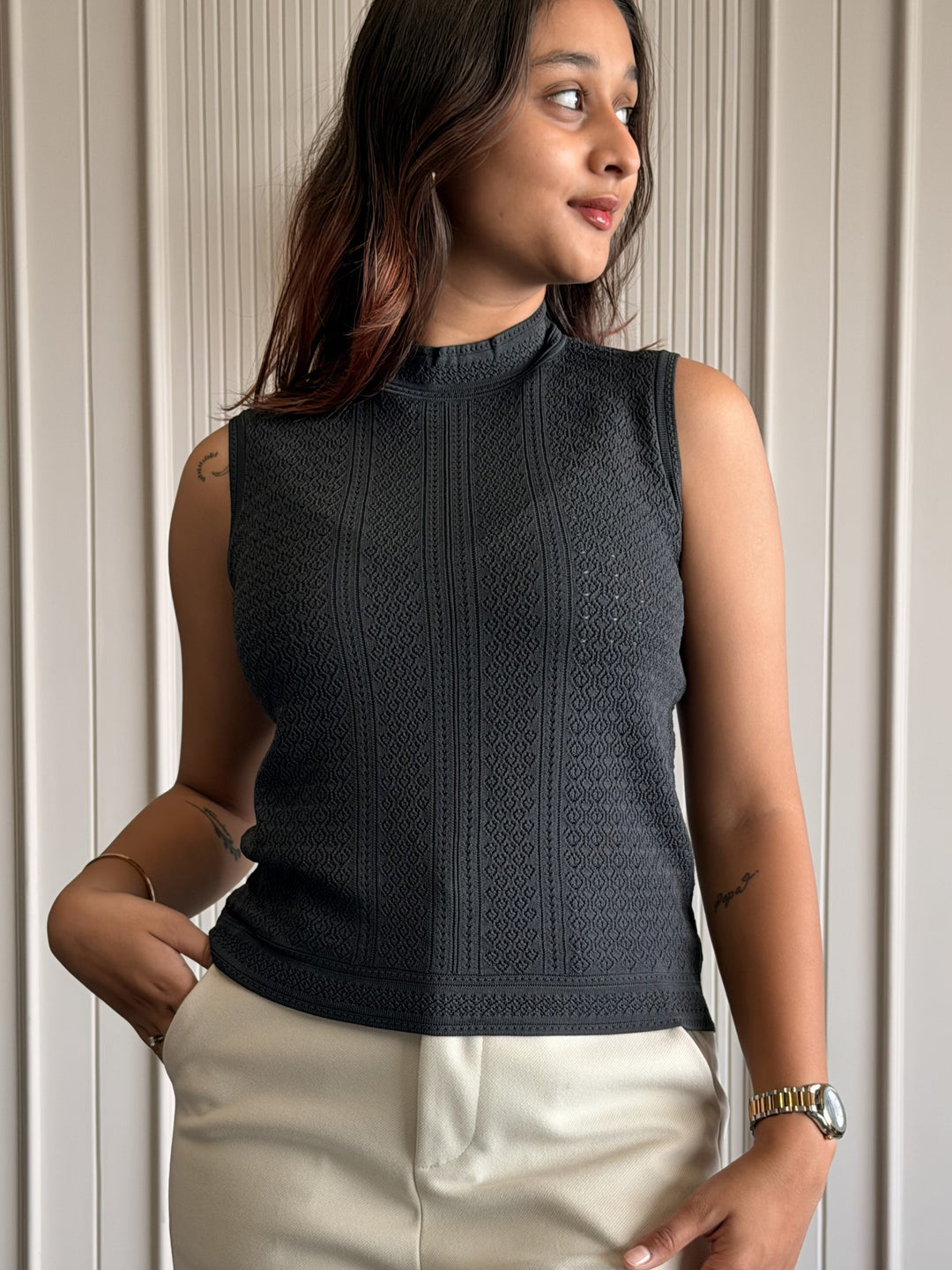 Textured High Neck Sleeveless Top