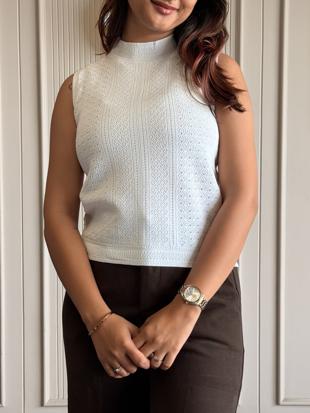 Textured High Neck Sleeveless Top