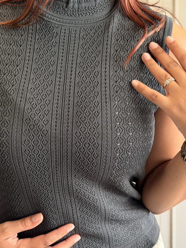 Textured High Neck Sleeveless Top