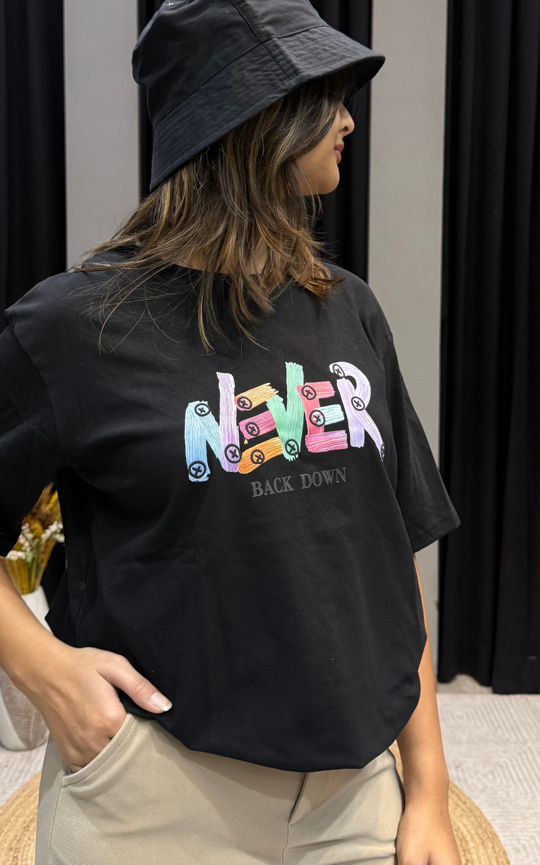 Women’s Typographic Print T-Shirt (NEVER)
