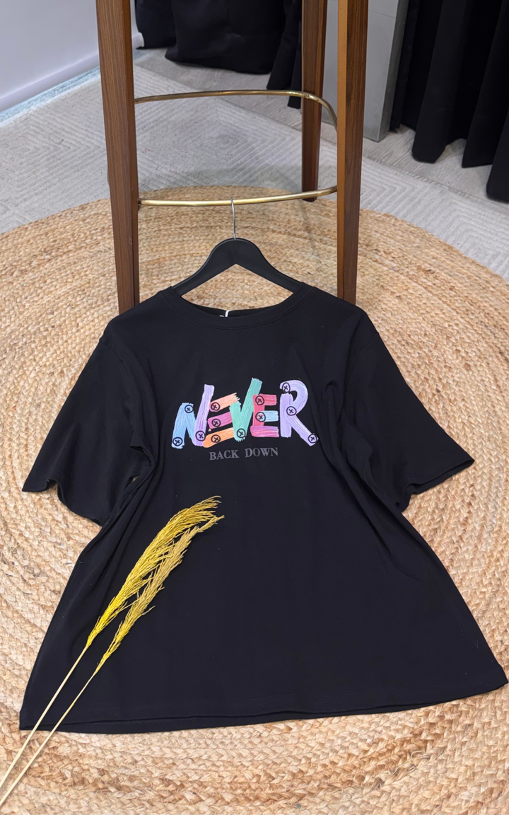 Women’s Typographic Print T-Shirt (NEVER)