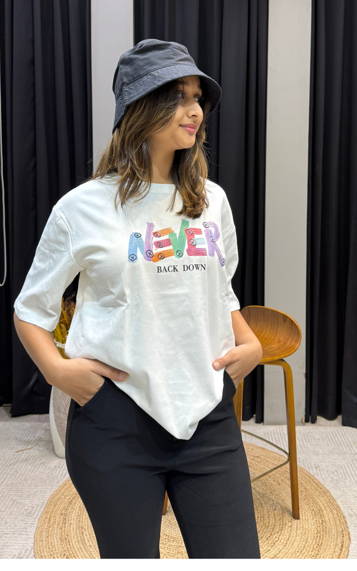 Women’s Typographic Print T-Shirt (NEVER)